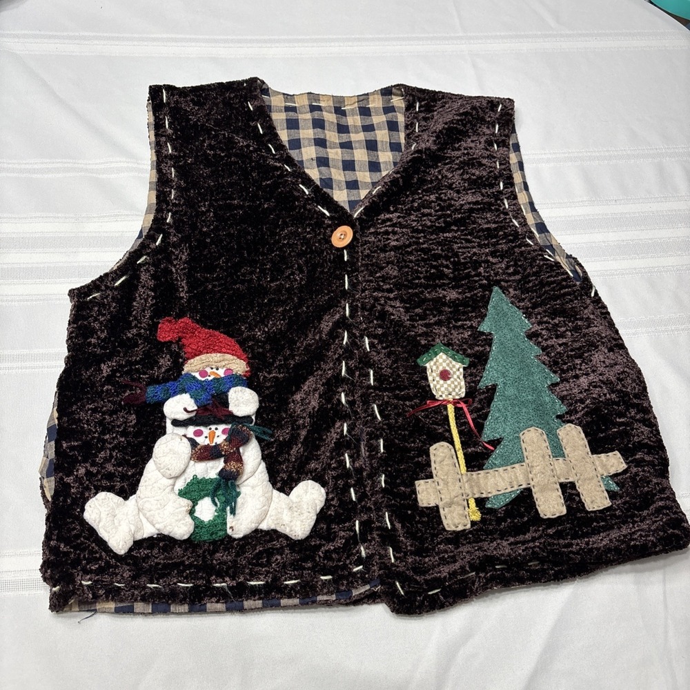 Christmas Sweater Vest Womens XL Brown 90's Y2K Snowman Granny Snow Ugly Retro